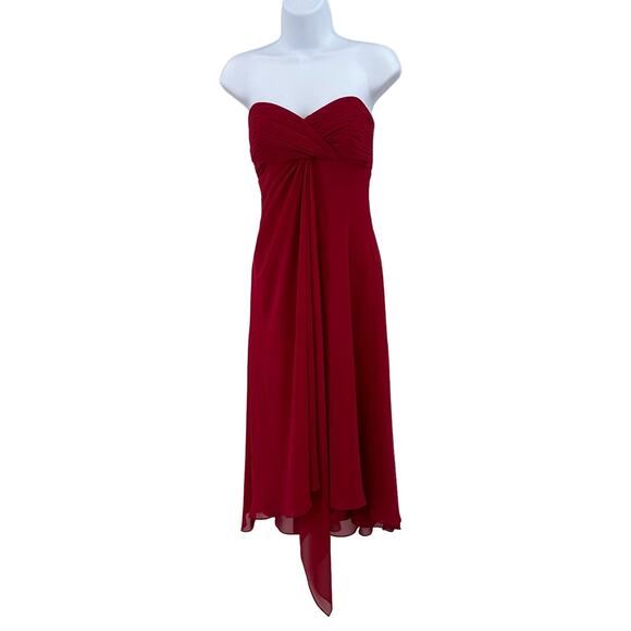 David's Bridal Red Chiffon Party/Cocktail Bridesmaid Red Dress Lined Strapless - Picture 1 of 7
